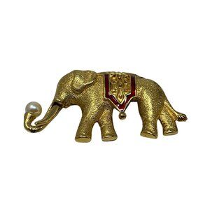 Vintage Monet Elephant Brooch Faux Pearl Red Blue Enamel and‎ Gold Tone Pin